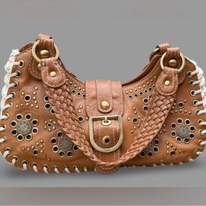 Rafe New York Brown Leather Crochet Studded Shoulder Bag Rare Boho Artisan